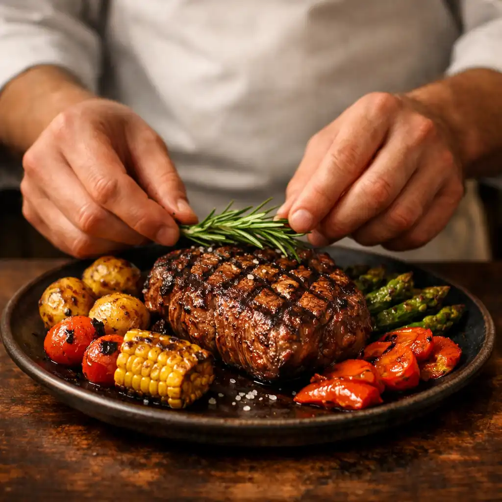 Šéfkuchař servíruje grilovaný steak se zeleninou