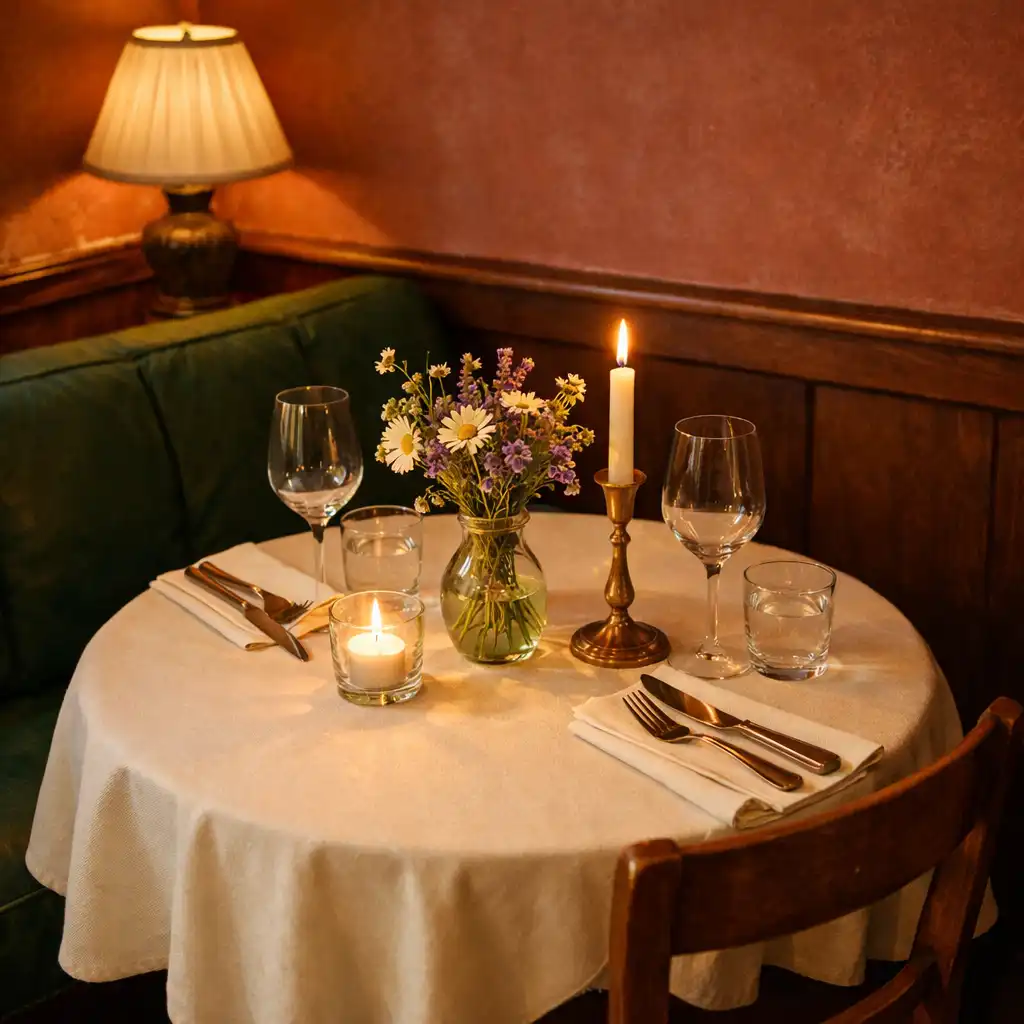 Útulný kout restaurace se stolem pro dva a svíčkami