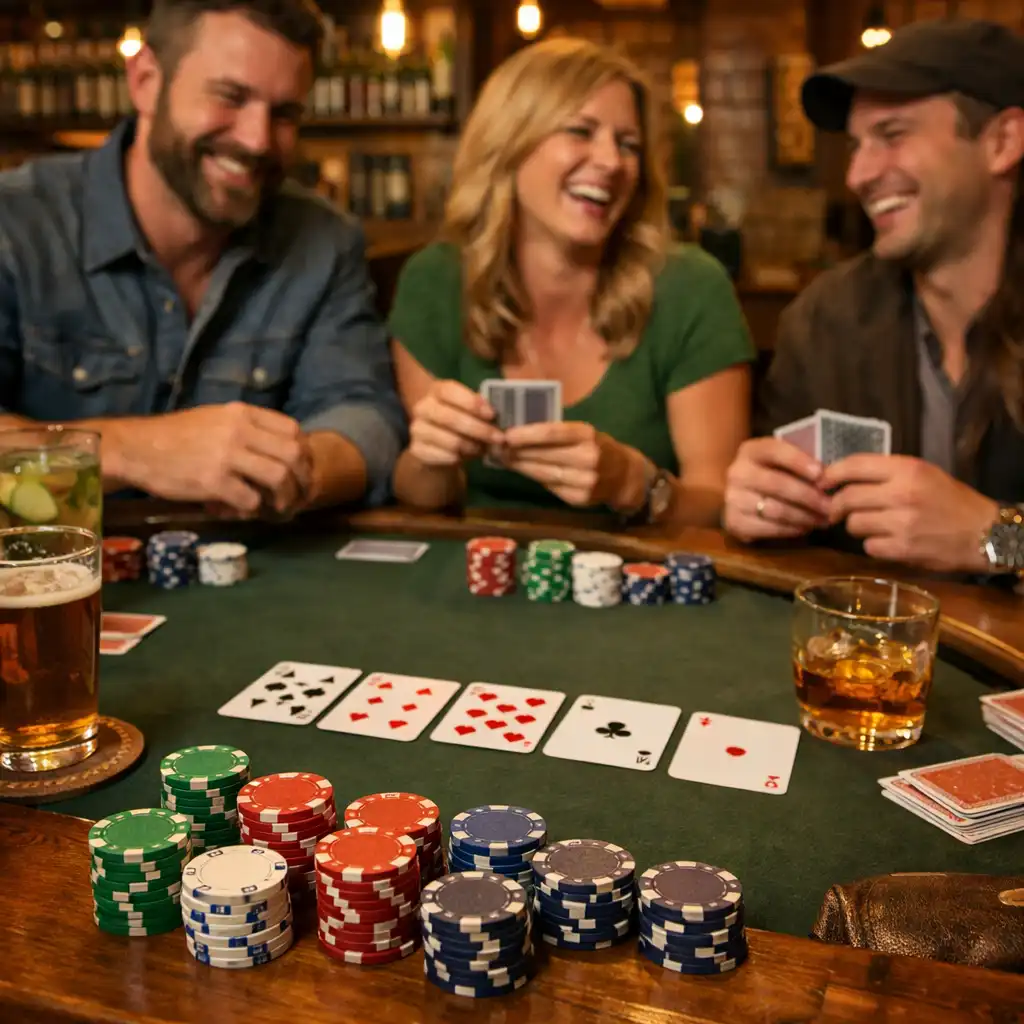 Přátelská pokerová hra u dřevěného stolu v restauraci