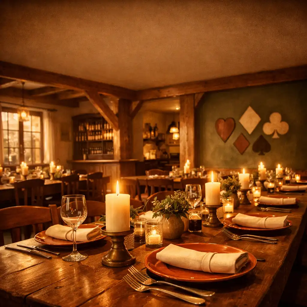 Teplá jídelna Table and Tradition s dlouhými dřevěnými stoly, terakotovými talíři a svíčkami
