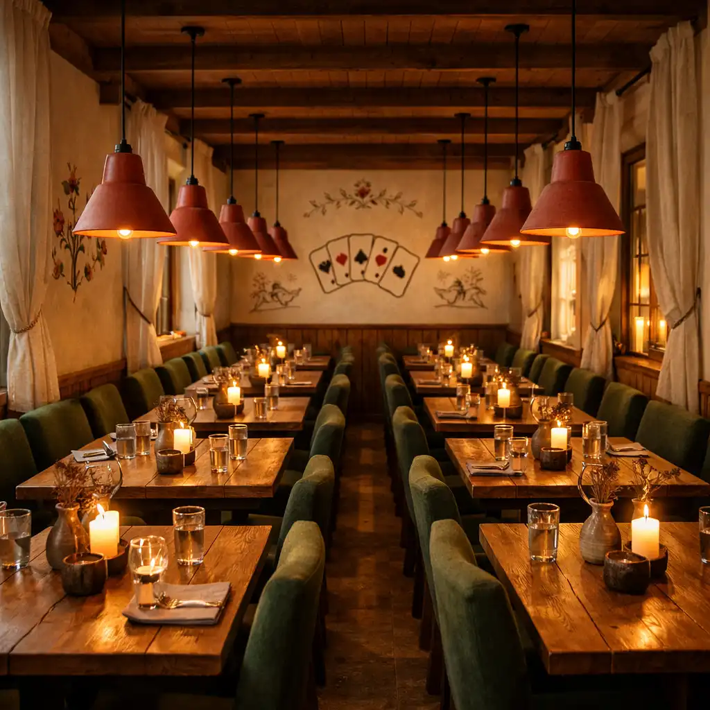 Interiér restaurace Table and Tradition s dřevěnými stoly a svíčkami