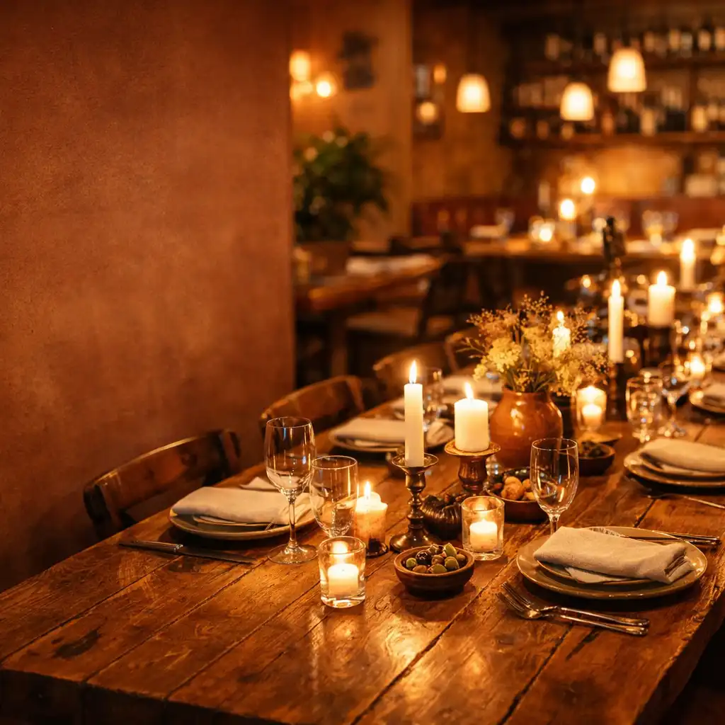 Teplý interiér restaurace Table and Tradition s dlouhým dřevěným stolem a svíčkami
