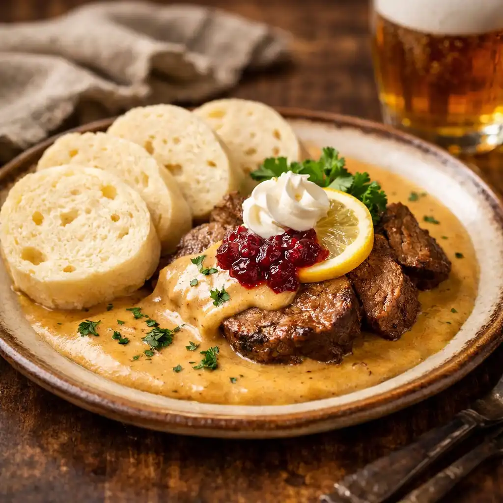 Svíčková na smetaně s brusinkami a knedlíkem