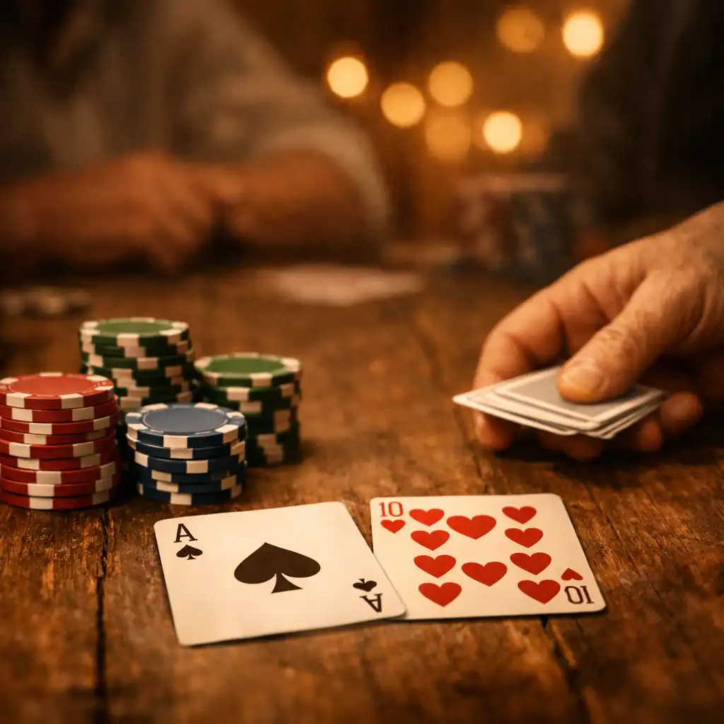 Přátelská pokerová hra na dřevěném stole s barevnými žetony a kartami, teplé rozostřené pozadí